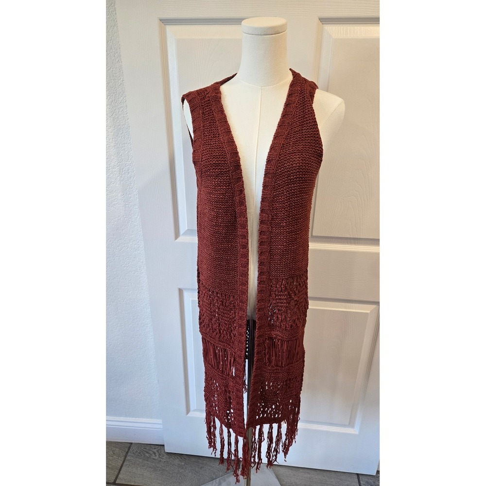 Moon River Rust Brown Knit Longline Fringe Vest Open Front Crochet Detail Small